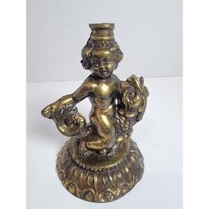 Vintage Cherub on Sea Serpent Fish Pedestal Bowl Base 7” Brass Hollywood Regency